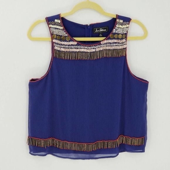 Sam Edelman Bohemian Rhapsody Beaded Sequins Zip Back Tank Top Blue Size Medium - Picture 1 of 6